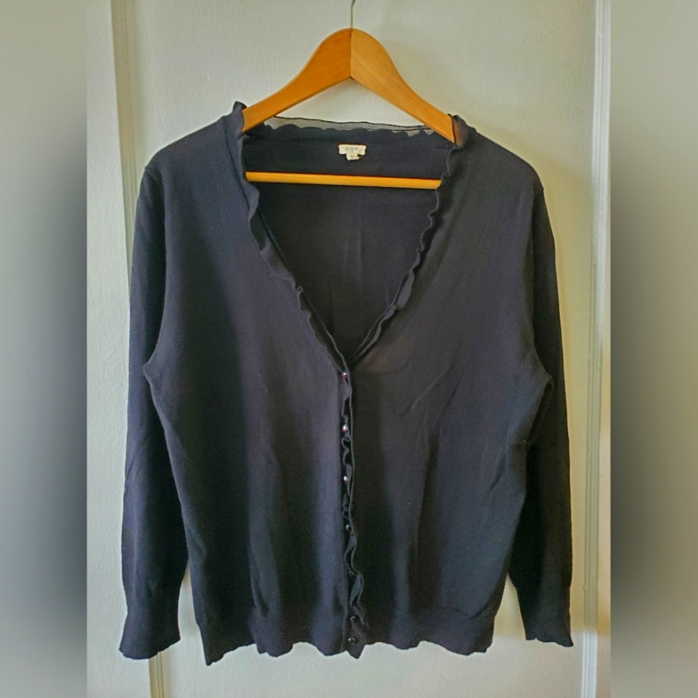 J.Crew Black 3/4 Sleeve Ruffle Trim V-neck Cardigan Sweater Women's Size L